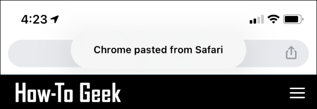 Uma mensagem "Chrome colado do Safari" no iPhone