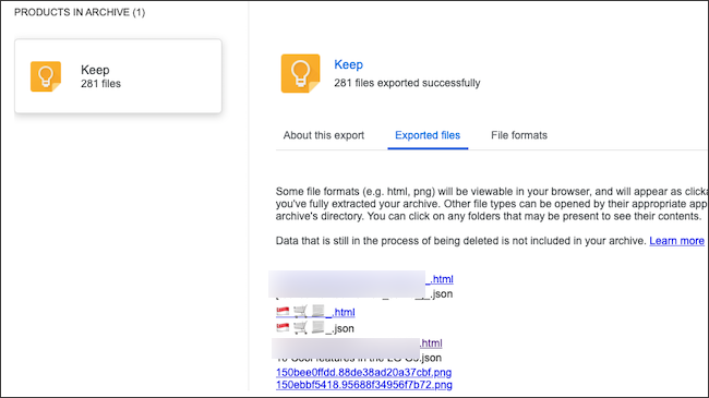 Notas do Google Keep em um arquivo de dados exportado.