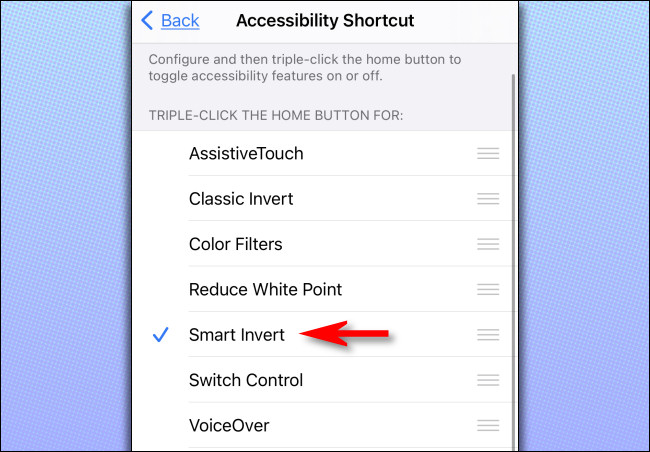 Na lista de atalhos de acessibilidade, toque em "Smart Invert".