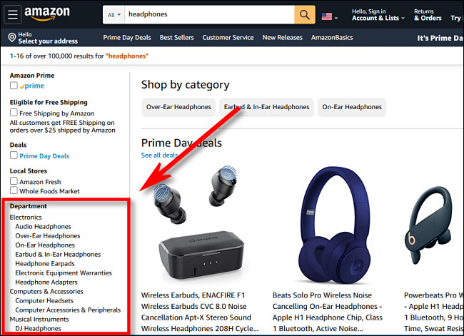 Na barra lateral da Amazon.com, escolha um departamento