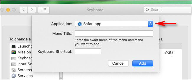 No menu suspenso do aplicativo, selecione "Safari".