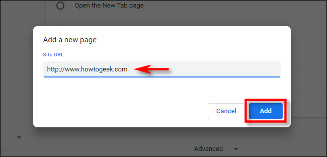 Nas configurações do Chrome, insira o URL da página inicial que deseja usar.