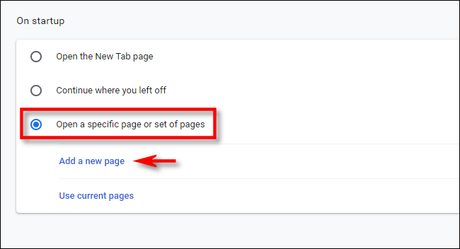 Nas configurações do Chrome, clique em "adicionar página".