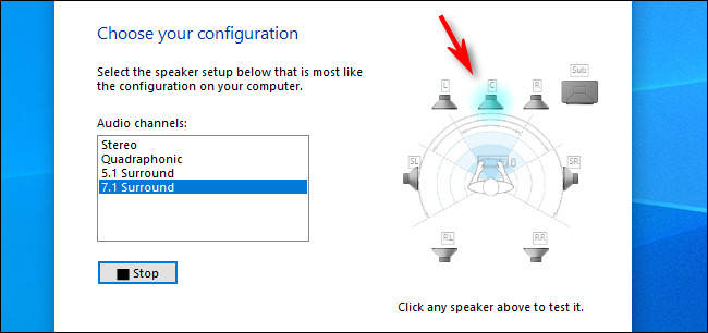 Na configuração do alto-falante no Windows 10, clique em um alto-falante individual para ouvir um som.