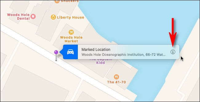 Coloque um alfinete no Apple Maps no Mac e clique no botão "informações".