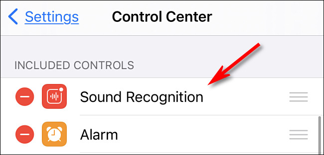 Reconhecimento de som no topo da lista do Control Center