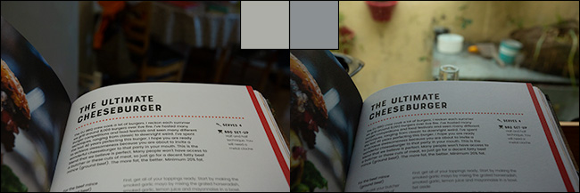 Duas imagens da mesma página de um livro, antes e depois de corrigir o equilíbrio de branco.