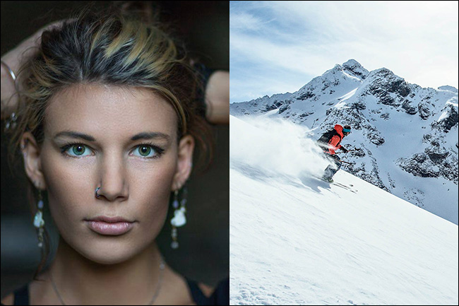 Um retrato de uma mulher à esquerda e um homem esquiando montanha abaixo à direita. 