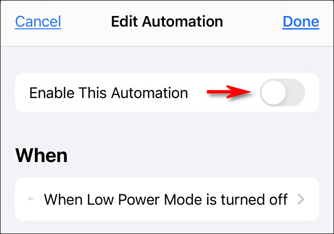 Toque em "Ativar esta automação" para desligar o interruptor.
