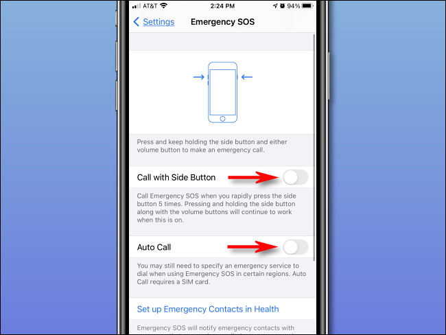 Nas configurações de "SOS de emergência" no iPhone, desative "Chamada com botão lateral" e "Chamada automática".