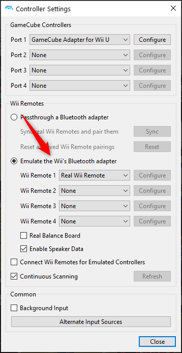 Selecione "Emular o adaptador Bluetooth do Wii" e selecione o Wii Remote