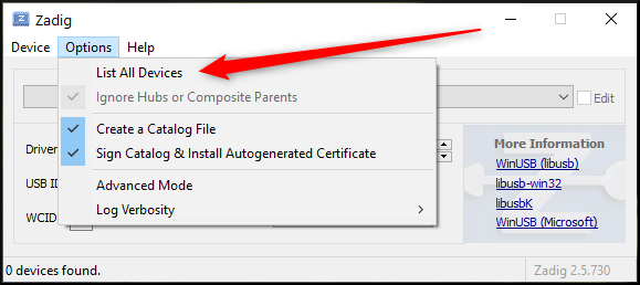 Selecione "Listar todos os dispositivos" no menu de opções do Zadig