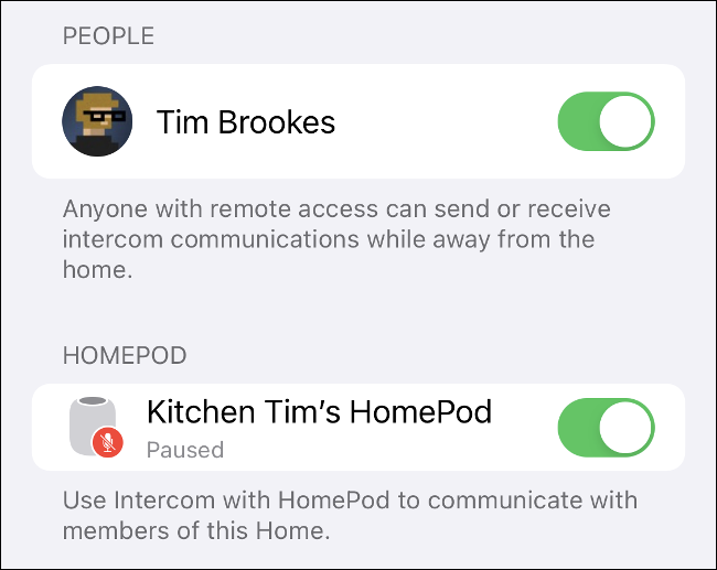 Ative os HomePods e contas de todas as pessoas que você deseja que tenham acesso ao recurso Intercom.