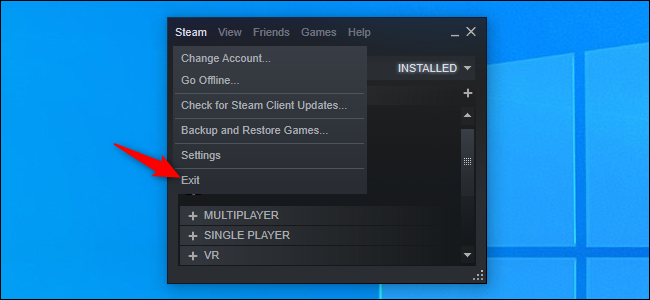 Clique em Steam> Sair para fechar o Steam