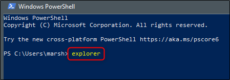 Digite “explorer” em “Windows PowerShell”.