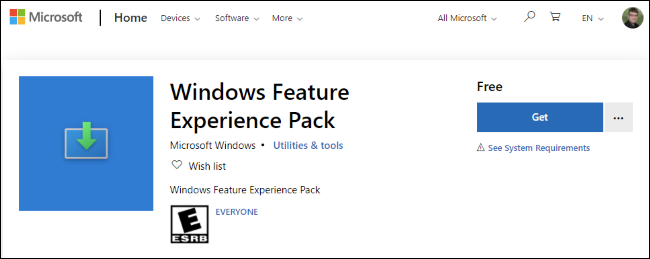 O Windows Feature Experience Pack na Microsoft Store