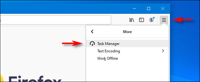 No Firefox, clique no botão de hambúrguer, selecione "Mais" e clique em "Gerenciador de Tarefas".