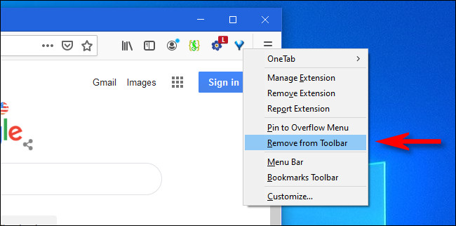 No Firefox, clique com o botão direito do mouse no ícone da barra de ferramentas e selecione "Remover da Barra de Ferramentas".