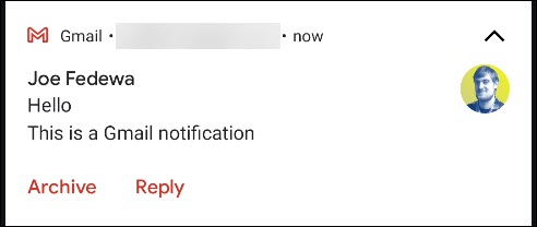 As opções padrão em uma notificação do Gmail. 