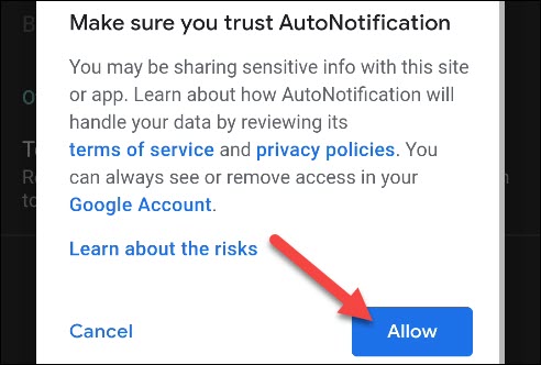 Toque em "Permitir" na janela pop-up "Certifique-se de que confia na Notificação automática".