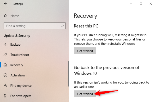Clique em "Começar" para voltar à versão antiga do Windows 10