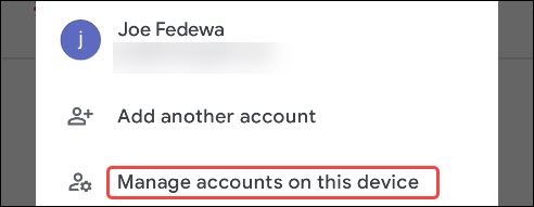 selecione gerenciar contas neste dispositivo no menu