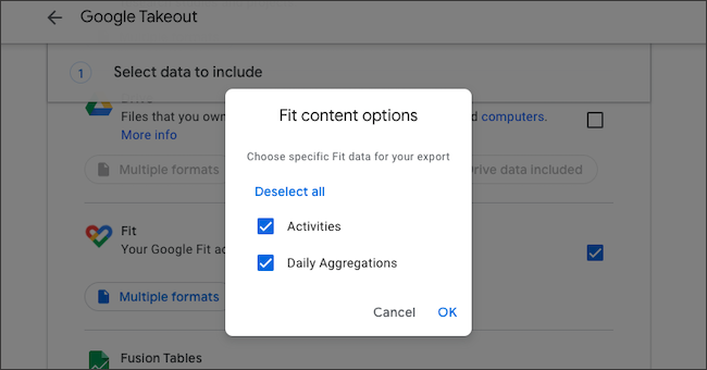 Opções de exportação de dados do Google Fit