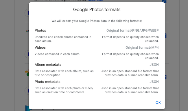 Verifique os formatos de arquivo de exportação de dados do Google Fotos
