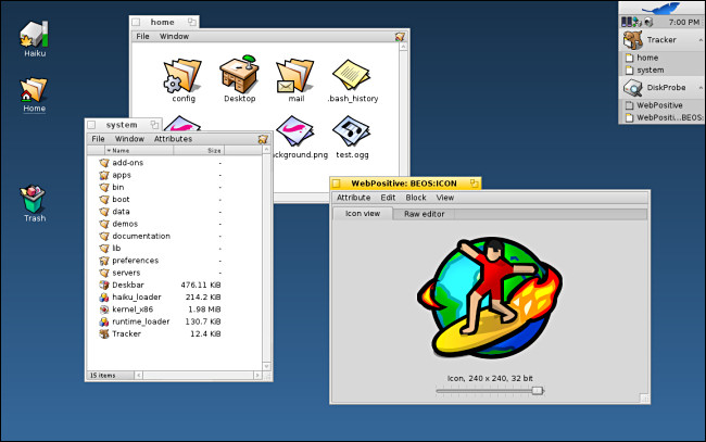 Várias janelas abrem no Haiku OS.
