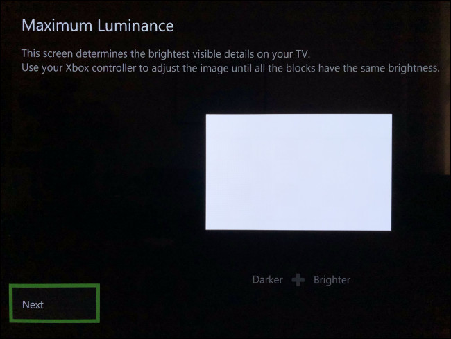 A seção "Luminância máxima" da calibração HDR para jogos no Xbox Series X e S.