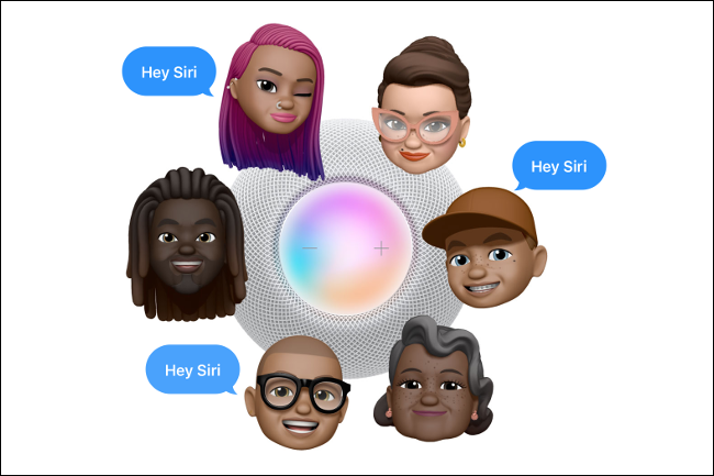 Seis personagens ao redor de um mini HomePod, com balões de fala "Hey Siri".