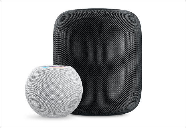 Um mini HomePod branco ao lado de um HomePod preto.