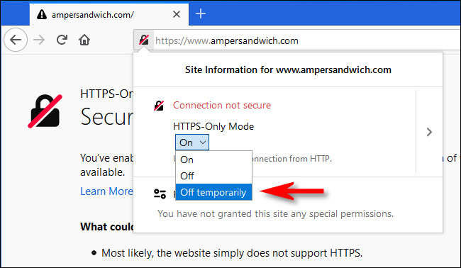 Depois de clicar no ícone de cadeado no Firefox, selecione "Desligado temporariamente" no menu suspenso Modo HTTPS apenas.