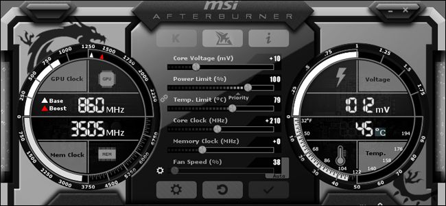A interface MSI Afterburner.