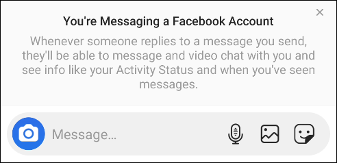 O pop-up "Você está enviando mensagens para uma conta do Facebook".