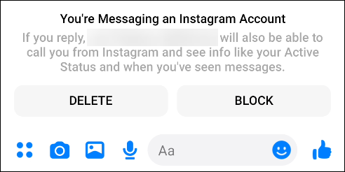 O pop-up "Você está enviando mensagens para uma conta do Instagram" no Facebook Messenger.