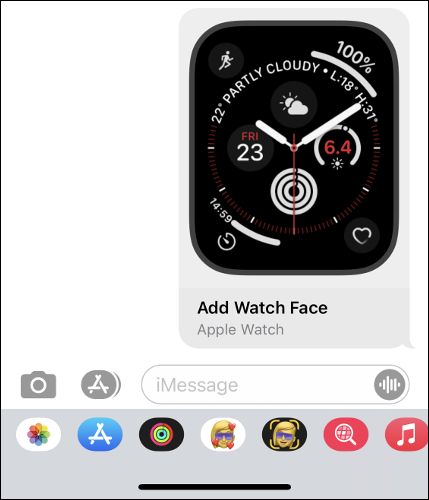 Compartilhando um mostrador do relógio da Apple no aplicativo de mensagens do iPhone