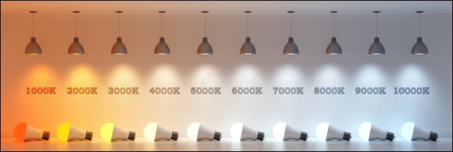 Uma linha de lâmpadas mostrando temperaturas leves de 1.000 a 10.000 Kelvins.
