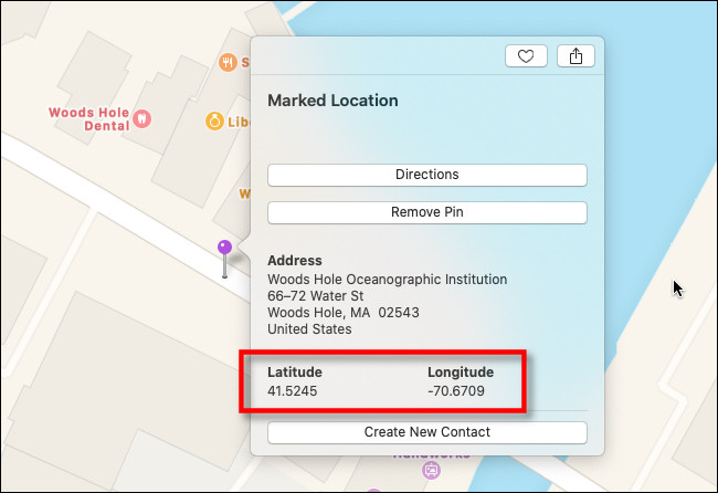 Na janela de informações de localização marcada no Apple Maps no Mac, você verá a latitude e a longitude.