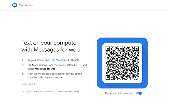 Digitalize o código QR para vincular mensagens do Android e Chromebook