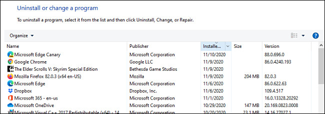 Uma lista de programas instalados no Painel de controle do Windows.