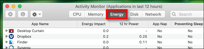 No Monitor de atividade no Mac, clique na guia "Energia".