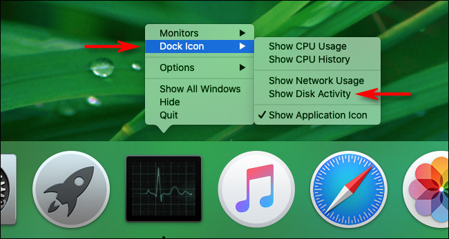 Selecione "Mostrar atividade de disco" nas opções de dock do Mac Activity Monitor