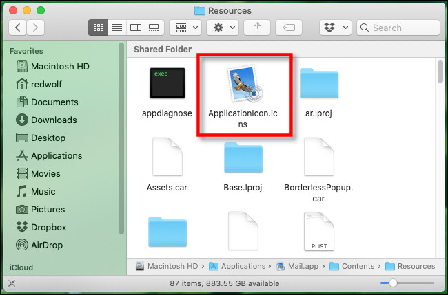 Na pasta Recources do pacote de aplicativos Mac, clique no arquivo ApplicationIcon.icns.