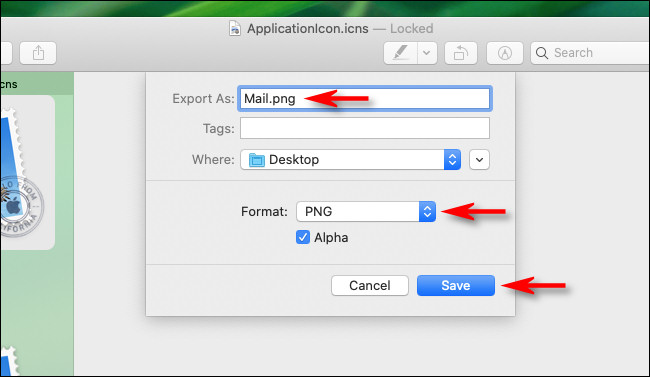 Na caixa de diálogo Exportar em Visualizar no Mac, insira um nome, destino e tipo de arquivo.