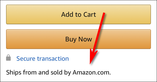 A linha "Enviado e vendido pela Amazon.com" em uma lista de produtos no aplicativo da Amazon.