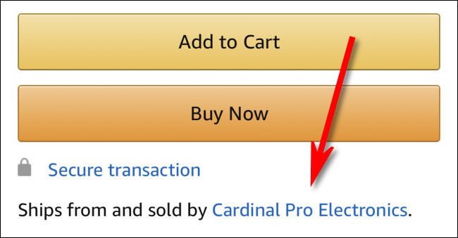 Uma lista de um produto "Vendido e enviado pela Cardinal Pro Electronics" no aplicativo Amazon.