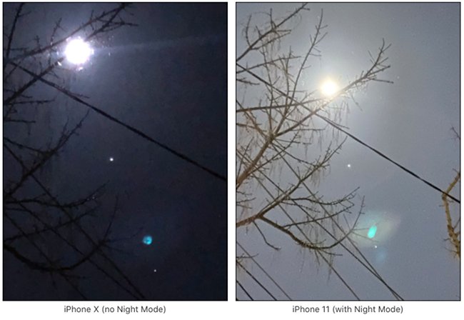 Duas imagens da lua, uma tirada em um iPhone 10 e a outra no modo Noturno em um iPhone 11.