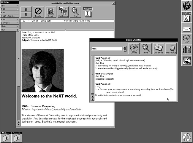 Um e-mail de Steve Jobs em um computador NeXTSTEP 2.0.
