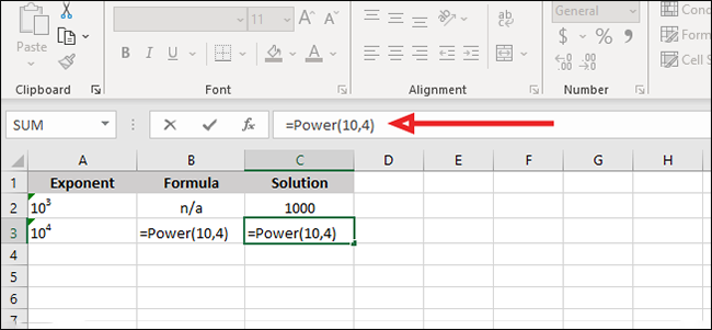 Conecte seu expoente na fórmula "= Potência (número, potência)".